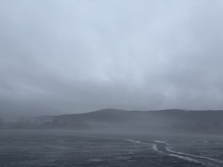 Pohled na zamrzlou krajinu schovanou v mlze.