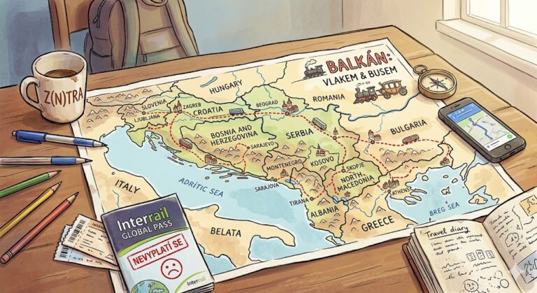 Pohled na mapu Balkánu rozloženou na stole.